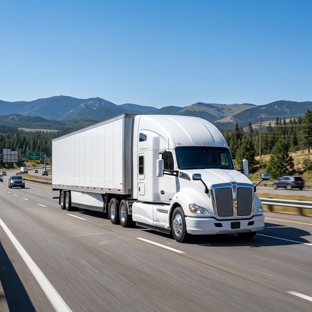 A 53-foot dry van semi-truck driving on a US highway transporting commercial cargo for SJ Freight Inc.