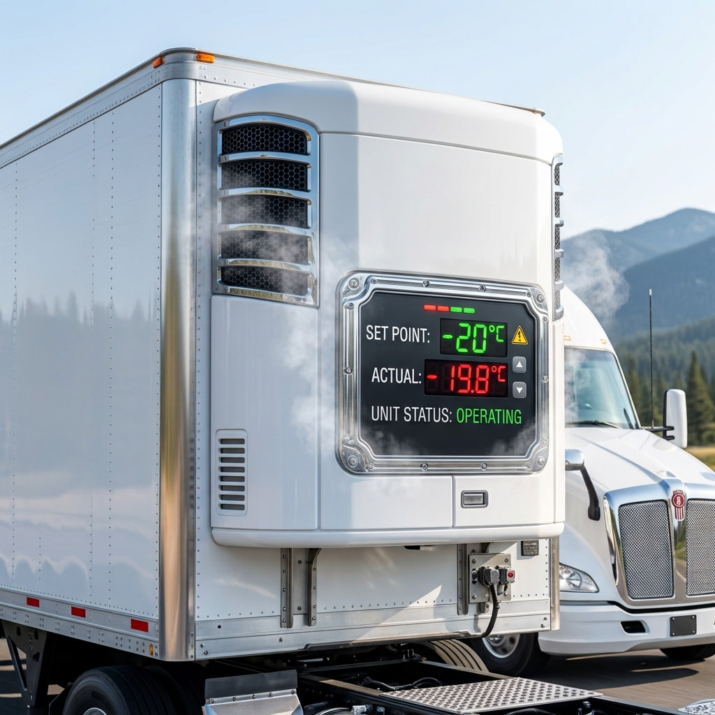 Detailed view of a modern refrigeration unit mounted on an SJ Freight reefer trailer.