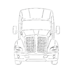 White outlined icon of a modern semi-truck representing SJ Freight's late-model fleet.