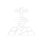 White outlined icon of a satellite and map pin representing real-time GPS freight tracking.